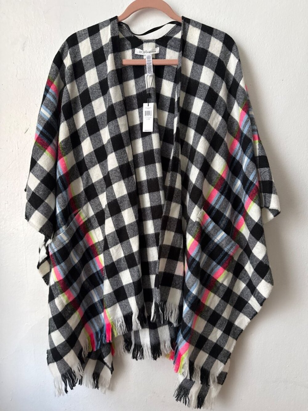 Buffalo Plaid Poncho Black White Checkered Neon Stripes Pockets Fringe Hem NEW
